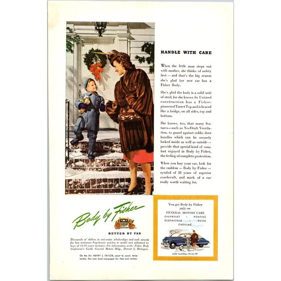 PRINT AD 1946 Body By Fisher General Motors Christmas Lady in Fur Coat 6.5 x 10 - Picture 1 of 3